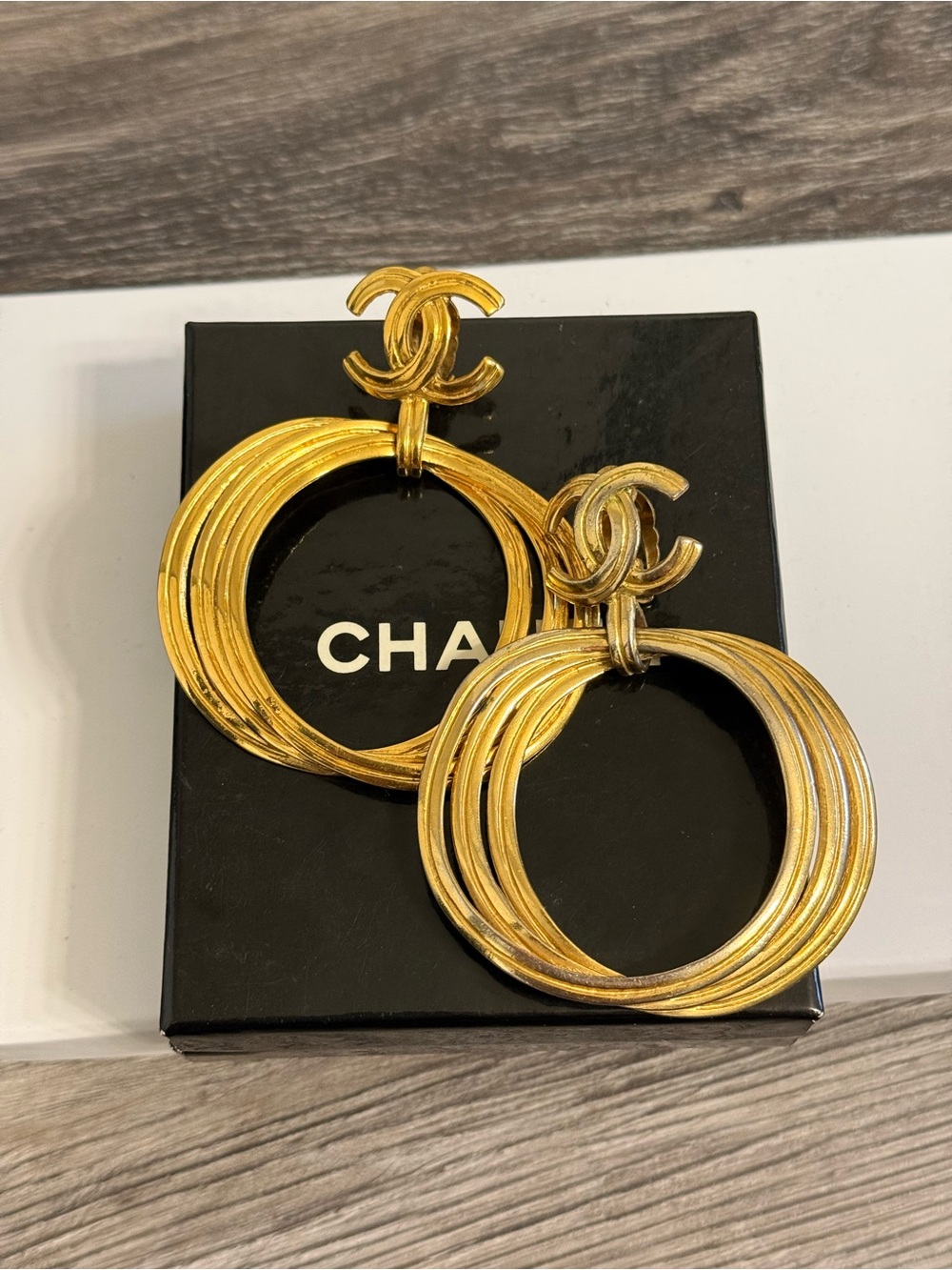 Chanel XL Vintage Gold Hoop CC Statement Clip On Dangle Earrings - Picture 9 of 12